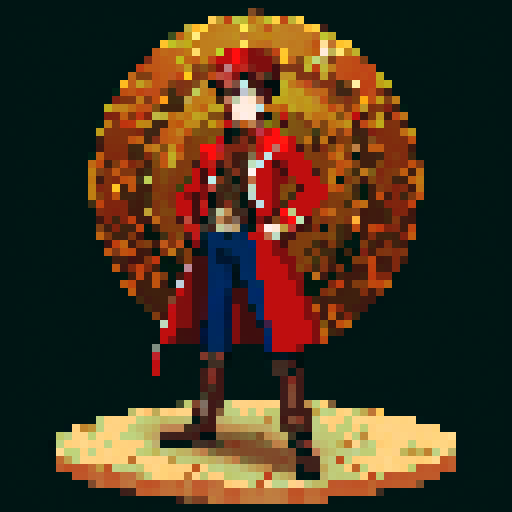 steampunk young man, red coat, red hat, 2D game stance, pixel art, sRGB