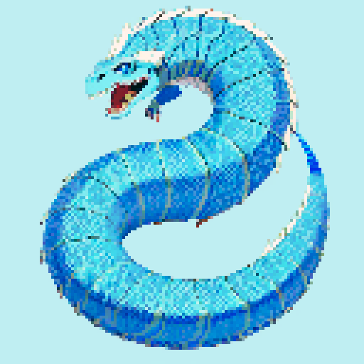 Basilisk with sharp scales, piercing blue eyes, and a coiled tail, depicted in vibrant light blue and white hues, capturing the essence of pixel art and sRGB color scheme