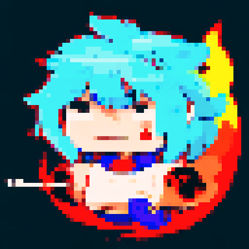 skill icon of a flame, vibrant colors, pixel art, dynamic motion, glowing embers, sharp edges, flickering light, high contrast, sRGB color space, fiery intensity, intricate details