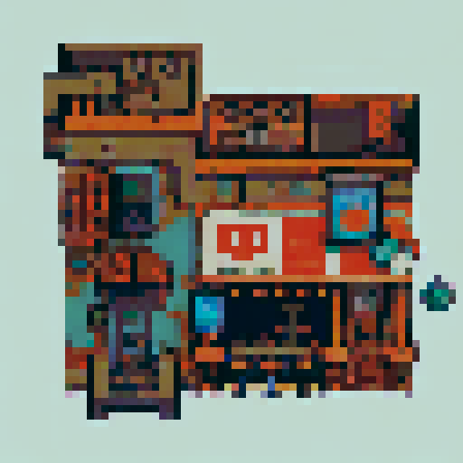 Pixel art building designs for a story-driven point and click game, inspired by dystopian nature overgrown buildings and japanese city architecture. Use Igor Lashtabega, butterberrycafe, and similar artists as inspiration. Create such a building design with neutral colored background