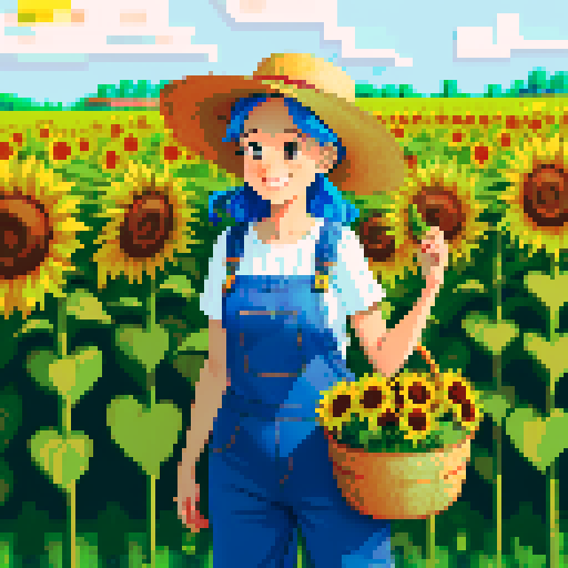 happy, female farmer in pixel art style, surrounded by vibrant green fields, wearing worn-out denim overalls and a straw hat, holding a basket full of freshly harvested carrots and a bouquet of sunflowers, with a content smile on his face, standing next to a rustic wooden cart filled with colorful fruits and vegetables