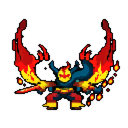 A massive, towering demon with flames raging around its body, giant wings, and burning eyes. It wields a flaming sword and has a powerful, destructive aura. No background.
