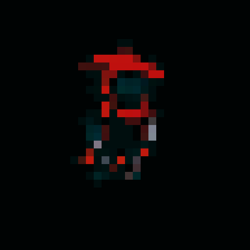 small, red-cloaked character with hidden face, red eyes, black outline, fantasy RPG