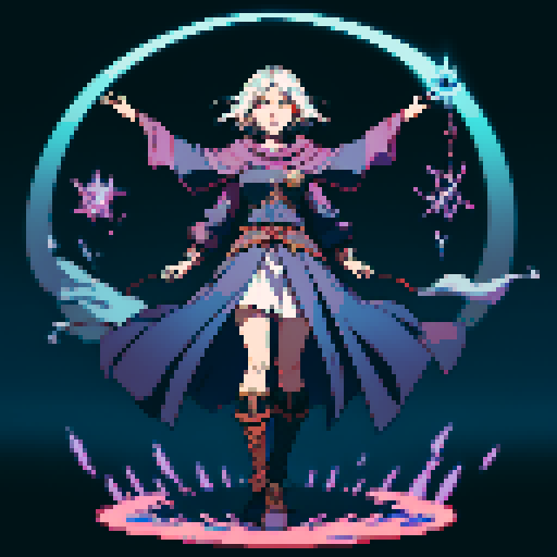 full-body image, sorceress facing right, sorceress ready to fight, evil sorceress, floating, arms out, magic circles, magic power, spell, evil sorceress, evil witch, magic symbols, ultimecia, final fantasy, sRGB, pixel art