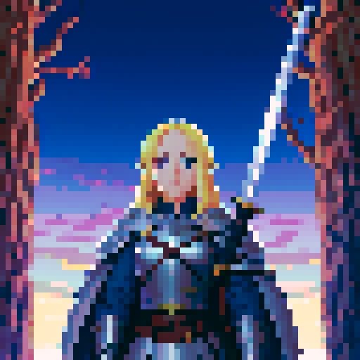 blonde swordswoman, fantasy RPG, dystopian, forest