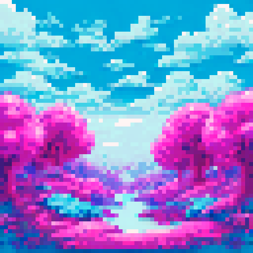 Falling pink petals, delicate and light, fluttering down against a vibrant pixelated sky, creating a dreamy sRGB landscape