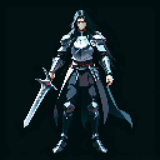 full-body image, male knight, man in black armor, giant sword, long black hair, sexy, male dark knight, giant sword, huge long sword, long hair