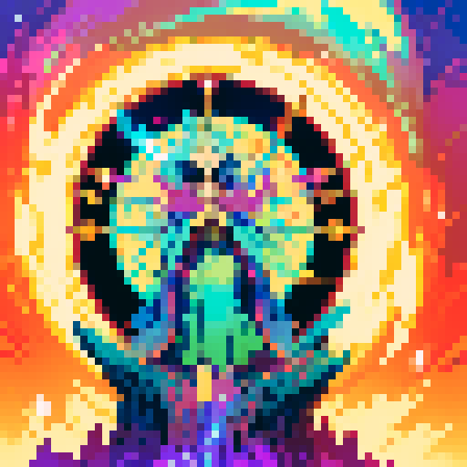 wizard, pixelated character, vibrant colors, magical staff, flowing robes, glowing runes, enchanted forest, shimmering spell, sparkling fireball, swirling vortex, whimsical creatures, old tome, ancient ruins, mystical symbols, ethereal glow, intricate details, nostalgic video game vibes, retro aesthetic, vibrant pixel art, magical ambiance