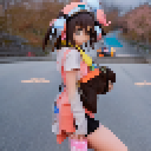 Haruhi Suzumiya, with her iconic yellow headband, stands atop a hill at sunset, surrounded by a sea of cherry blossom trees and anime-style characters cheering her on.