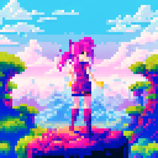 Gamer girl with thigh highs, surrounded by vibrant pixelated flora and fauna, stands atop a rocky outcropping overlooking a sprawling sRGB landscape