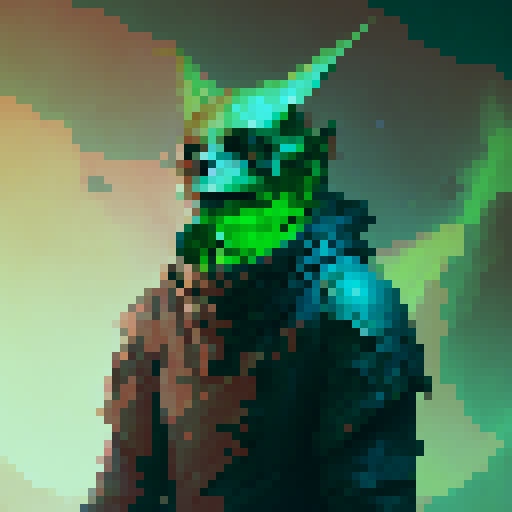 Green Goblin, leering grin, crooked teeth, sharp claws, sinister eyes, hunched posture, tattered cloak, glowing green aura, adorned with skulls, fantasy RPG