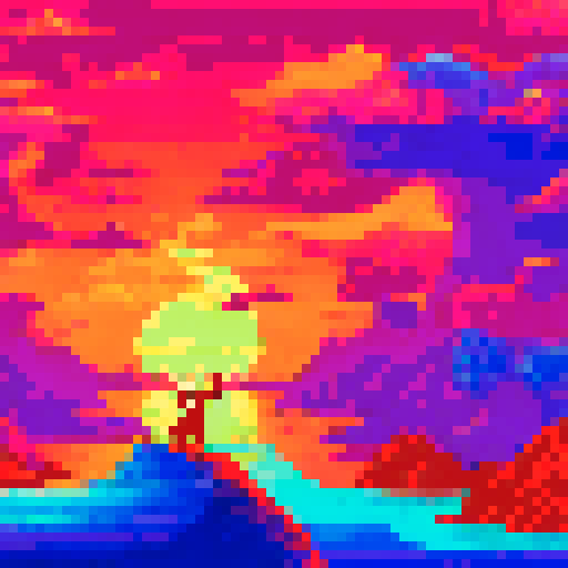 Musculoso's bulging muscles ripple as he dances with Steve in a vibrant, pixelated landscape filled with neon colors and a trippy, psychedelic background