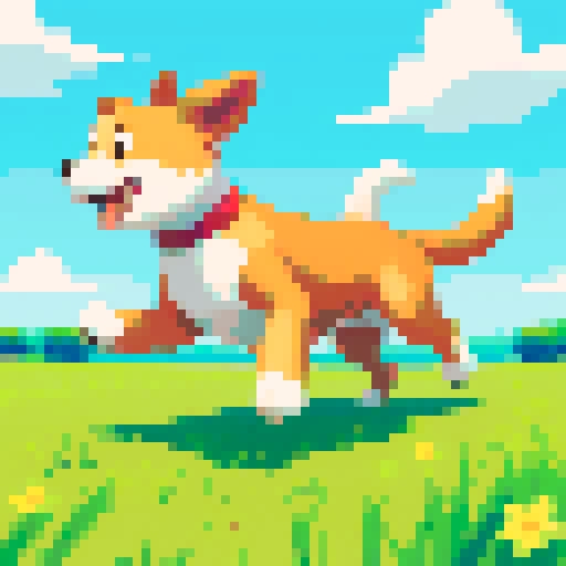 happy dog running on a grass, summer sky, full body