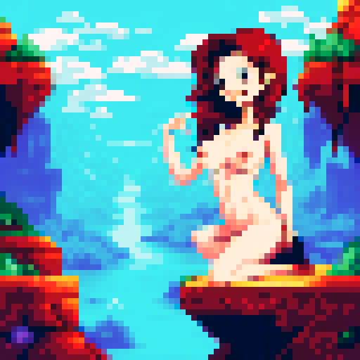sexy girl, coy smile, naked, big boobs, pixel art, sRGB, background, landscape