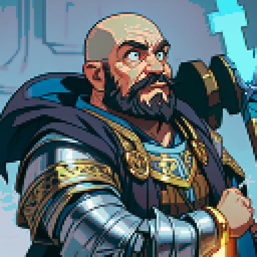bald, bearded dwarf cleric with a golden hammer, ornate silver armor, surrounded by glowing blue runes, pixelated sRGB pixel art style