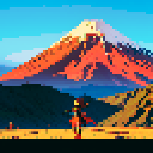 Anime warrior on an adventure with a volcano in the background. The warrior is holding a sword. 