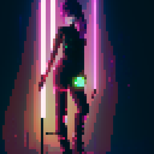 cyberpunk girl, neon sword, iso-view, whole-body, old jrpg style, ready for attack, pixel art, vibrant colors, futuristic cityscape, glowing tattoos, edgy hairstyle, glowing cybernetic eye, urban decay, rain-soaked streets