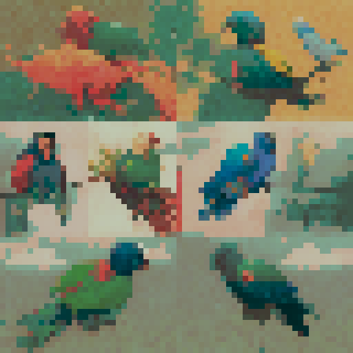 colorful birds with details like peacock or parrot