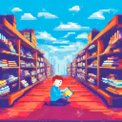Bookstore, cozy, with shelves overflowing with books, a friendly, bespectacled shop owner, surrounded by vibrant, pixelated book covers, creating a charming, sRGB, 2d pixel art scene
