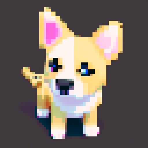 dog with floppy ears, dark eyes, in a whimsical and vibrant pixel art style, captured in a 3/4 angle portrait, sprite art