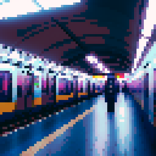 Subway metro train at a station platform emitting radio transmission beam, cyberpunk