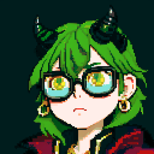 messy green hair, small black horns, round gold glasses, gold ear piercings, red jacket, pixel art, sRGB