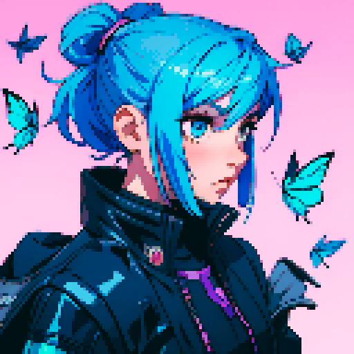 Girl with blue hair and blue butterflies, cyberpunk city background