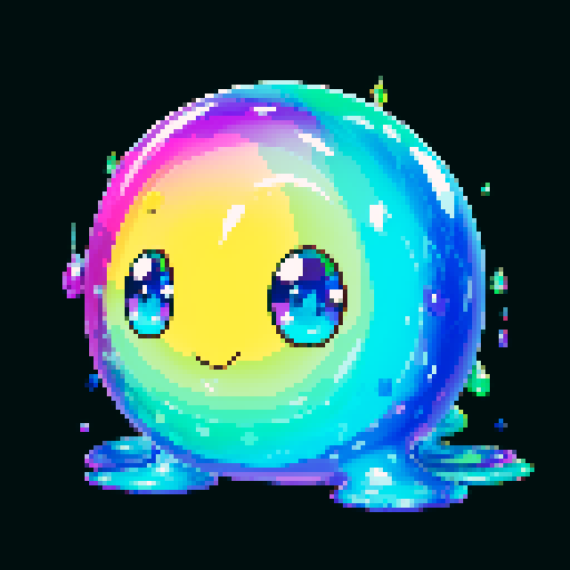 A radiant, multi-colored slime with a prismatic body that splits light into vibrant colors. It has luminous eyes and a delighted expression, with a rainbow effect shimmering across its surface. No background.
