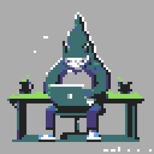 shark, seated, desk, typing, laptop, pixel art, sRGB