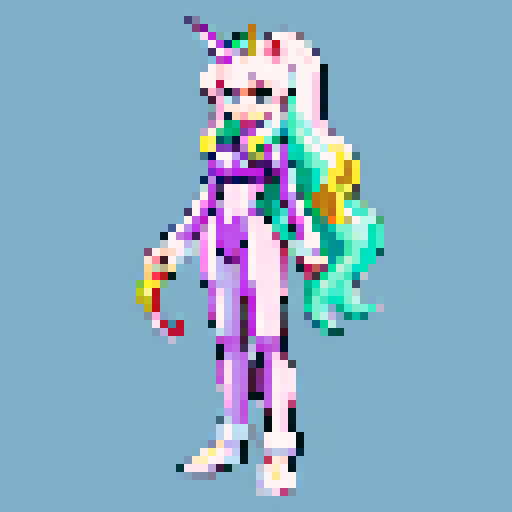 unicorn woman hybrid with cloven hooves, furry, playful expression, clear detail, pixel art style, full body character reference, old pixel video game style 