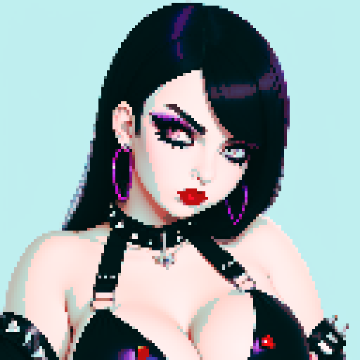 curvy, sweet goth girl with black hair, purple eyeshadow, and red lipstick, wearing a bikini, studded collar, in a glamour shot, sRGB color