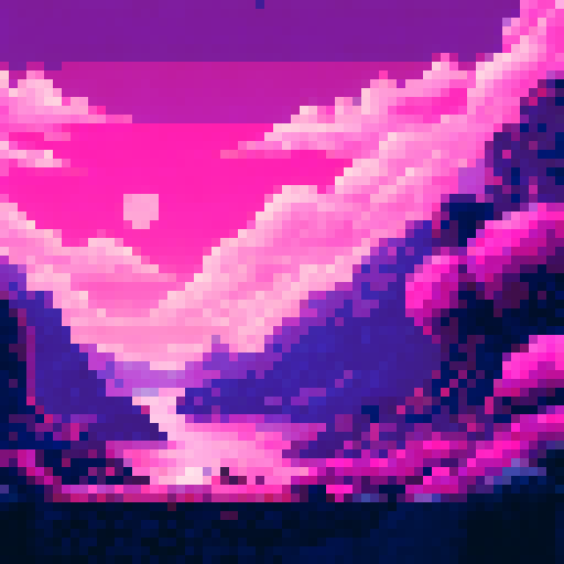 Falling pink petals, delicate and light, fluttering down against a vibrant pixelated sky, creating a dreamy sRGB landscape