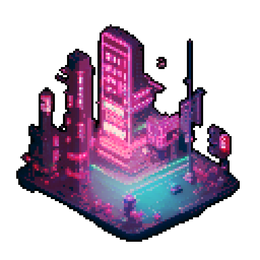 isometric 3D anime girl hovering in street, Japanese cyberpunk, neon lights, futuristic cityscape, dark colors, pixel art
