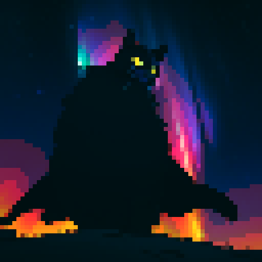 hyperrealistic silhouette of a black cat, galaxies and stars covering the night sky, aurora borealis, pixel art, sRGB