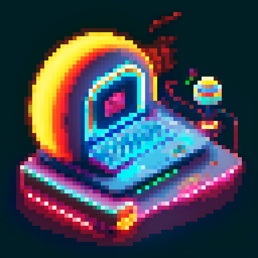 capsule corp computer, Dragonball character, bright colors, retro pixel art, futuristic design, glowing buttons, sleek and compact, holographic display, iconic logo, high-tech interface, dynamic energy lines