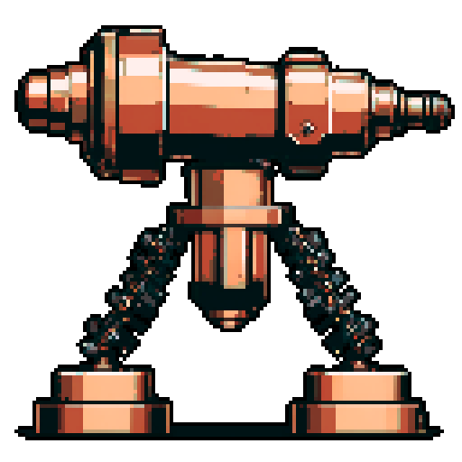 I want a copper structure reminiscent of a rotating gun on top of a turret. The design should be relatively simple. I also want this object usable as an asset in a videogame, meaning only one object per image, outlined with a strong black stroke, on a solid-color background.