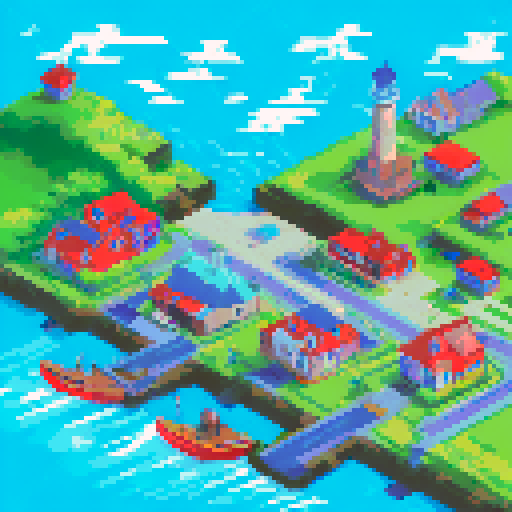Island port town, have the whole town visable in the image. make it usebale as a tile set for my rpg game. make sure its a lively city. Midevial style houses. middle class not fancy houses but not poor
