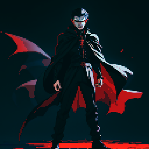 full-body image, male vampire final boss, dark and brooding, glowing red eyes, sharp fangs, pale skin, flowing black cape, menacing stance, intricate details, sRGB, pixel art, gothic cathedral interior background