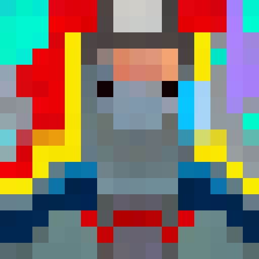 Thor, wielding Mjolnir, stands atop a thundercloud with lightning bolts striking behind him, his muscular frame adorned in chainmail armor and a red cape billowing in the wind, all captured in a retro 16x16 pixel portrait.