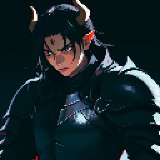 black armor, sexy, long black hair, male knight, man, demon knight, demonic wing, horns, black hair, black armor, dark background