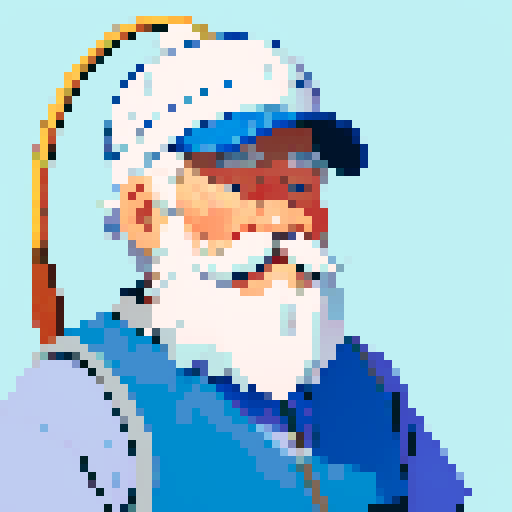 fisherman grandpa portrait, weathered face, lined with wrinkles, white beard, blue fisherman hat, worn-out fishing vest, fishing pole, non vibrant colors