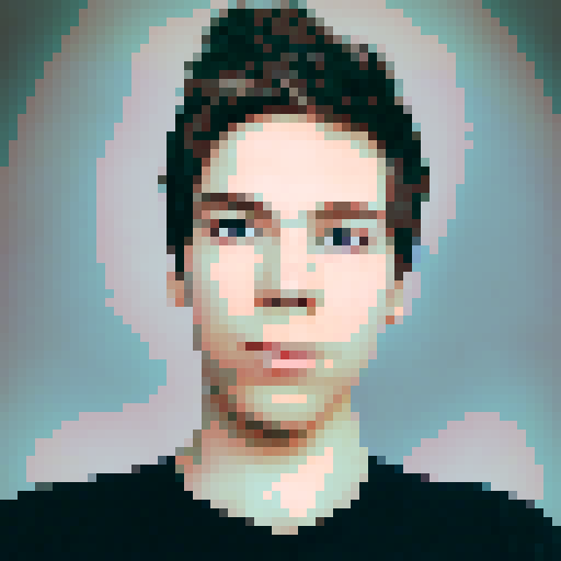 Pixel art portrait profile picture, cartoony, retro, blue eyes