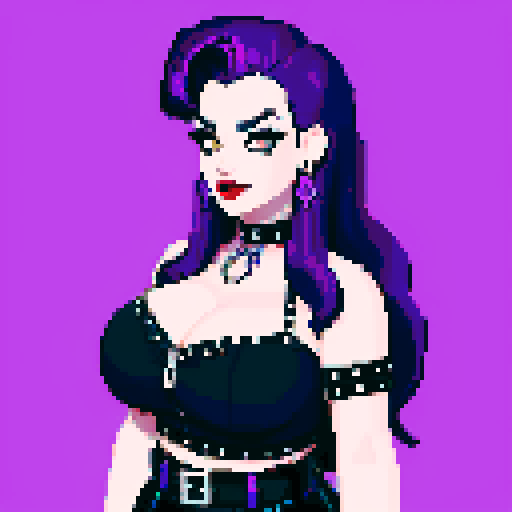 Plus size busty greaser goth girl, with long purple hair, eyeliner, red lipstick. wearing a halter top and studded collar. Posing for a face portrait, avatar photo. vibrant sRGB colors, pixel art, edgy aesthetic