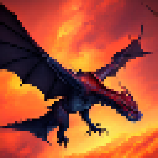 Fiery dragon soaring through a crimson sky, scales glinting in the sun, flames spewing from its jaws, ready to incinerate any foes in its path.