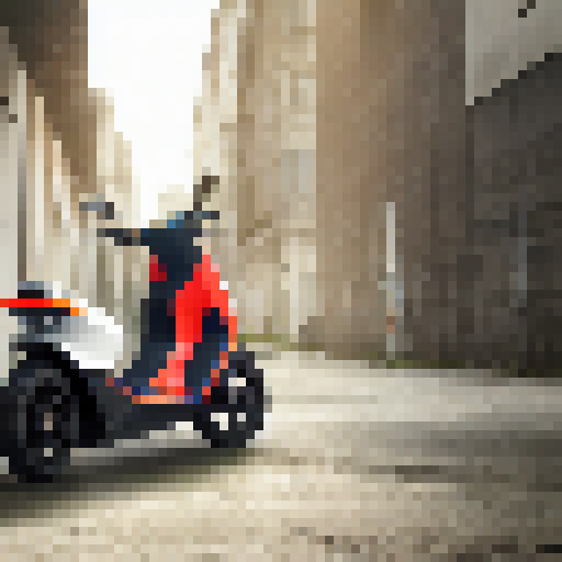 Peugeot's e-ludix prototype, a sleek and futuristic electric scooter, glides through a vibrant cityscape, its angular frame and bold lines perfectly captured in a striking landscape portrait.