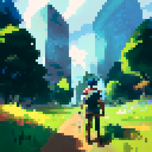 Money-suited man standing in a lush, green field, surrounded by towering skyscrapers and a bright, blue sky