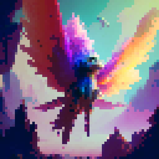 Terraria wings, vibrant colors, detailed feathers, pixelated textures, glowing aura, dynamic motion, magical enchantments, glowing particles, immersive depth, retro nostalgia, sRGB color space, fron pale pink to gold