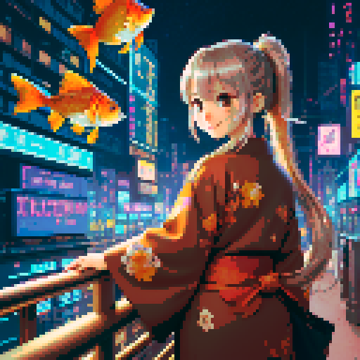 best quality, ultra-detailed, high resolution, extremely detailed cg,unity 8k wallpaper, digital art,high quality,1girl,long hair,silver brown hair,ponytail,kimono,cyberpunk clothes,brown kimono,futuristic,neon lights,cityscape,night sky,2fish,goldfish,metallic fish,flying fish,cyberpunk fish,propeller,tail fin,wings,antenna,eye,glowing,smiling,looking at fish,