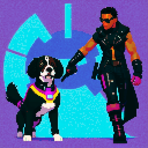 Black Cyberpunk hero, with two dog companions that fight with him one a springer spaniel, and one tri-color Australian shepherd