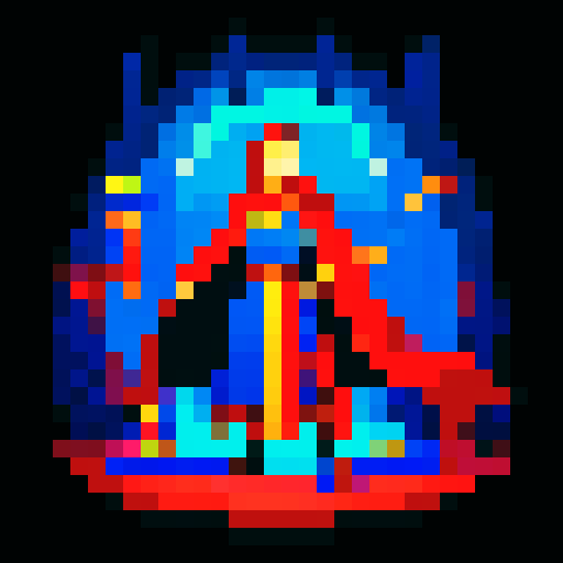 Wizard, with a flowing red cape and a vibrant blue robe, gripping a brown staff, rendered in intricate pixel art with vibrant sRGB colors